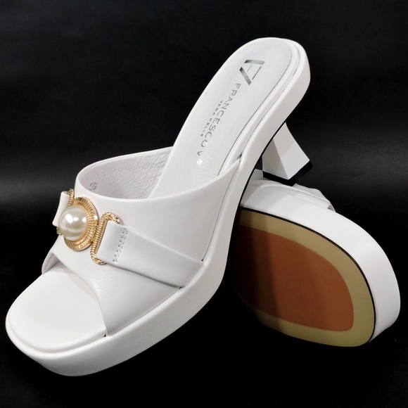 FRANCESCO V. 🇮🇹 WOMEN'S WHITE SOFT LEATHER PLATFORM COMFORT MULES - Picture 7 of 8